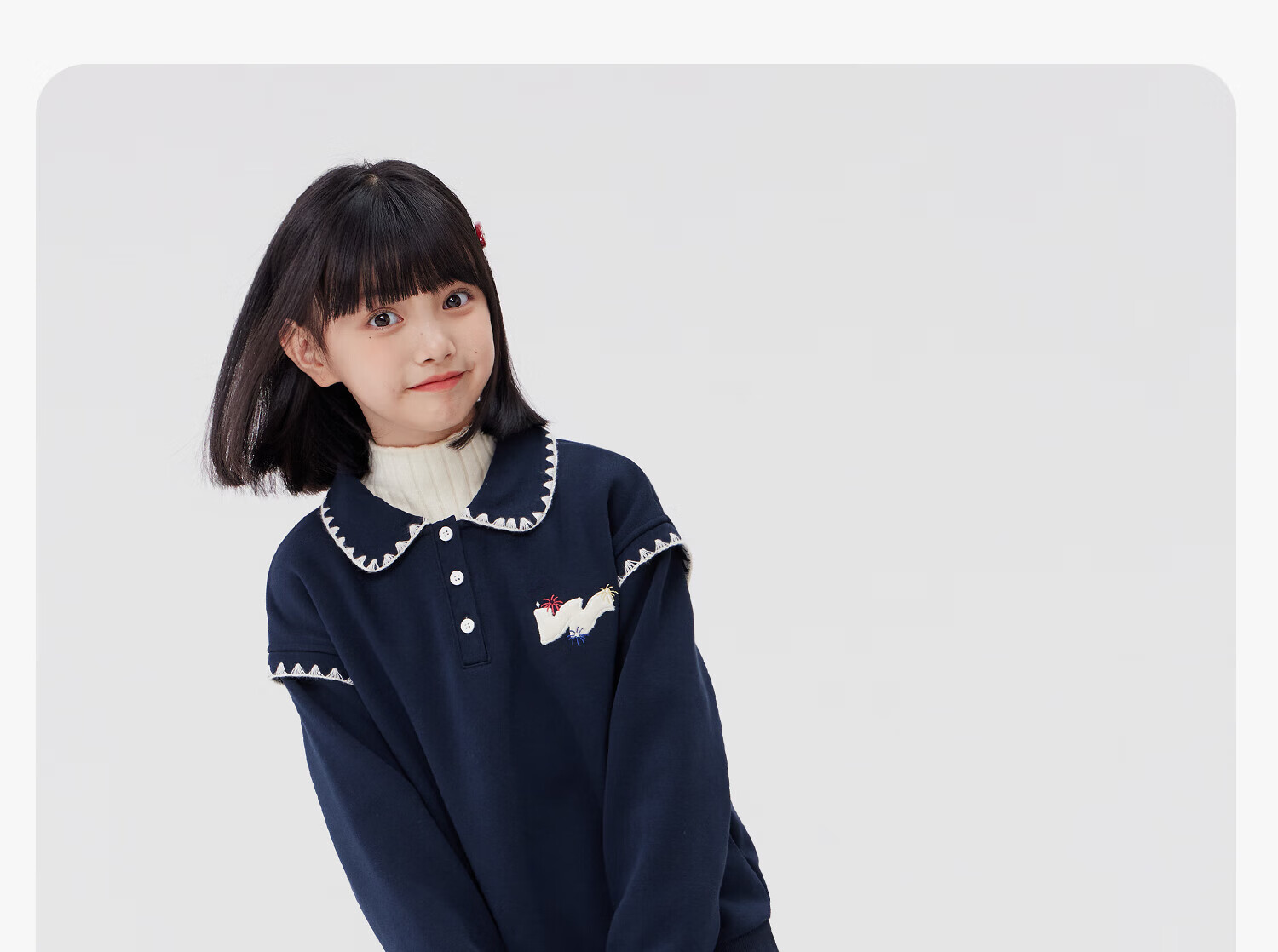 Zuo Xi Girls' Fleece-Lined Sweatshirt 2025 Winter Children's Polo Shirt Doll Collar Warm Top Navy Blue 120 21